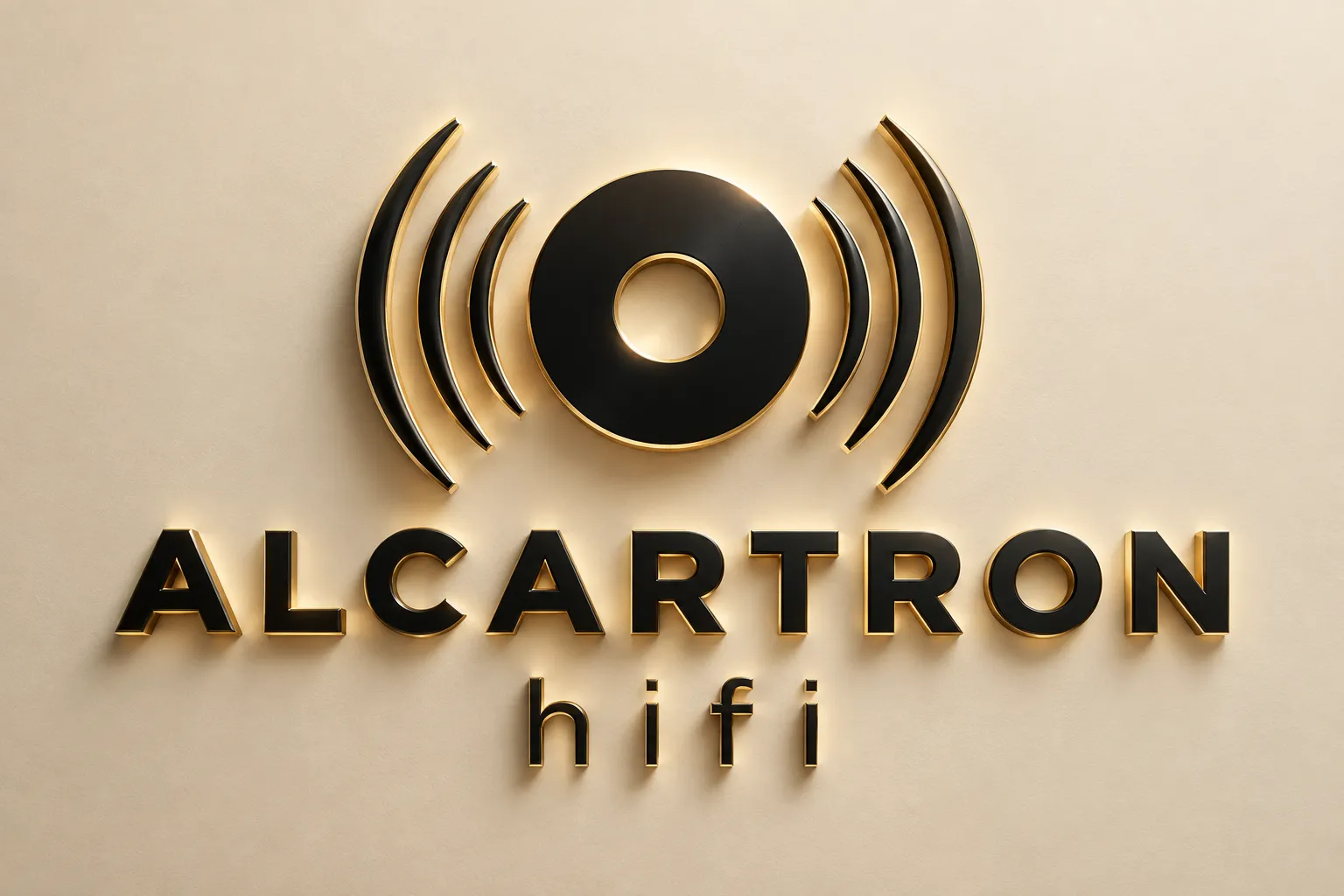 Alcartron HiFi Logo als beleuchteter 3D-Schriftzug mit goldenen Kanten